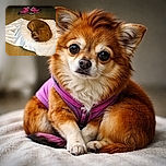 A small brown dog is tightly curled into a perfect cinnamon roll on a white towel on a wooden floor, while a pair of bright pink sneakers peek out from under a grey couch — the epitome of cozy indoor napping.