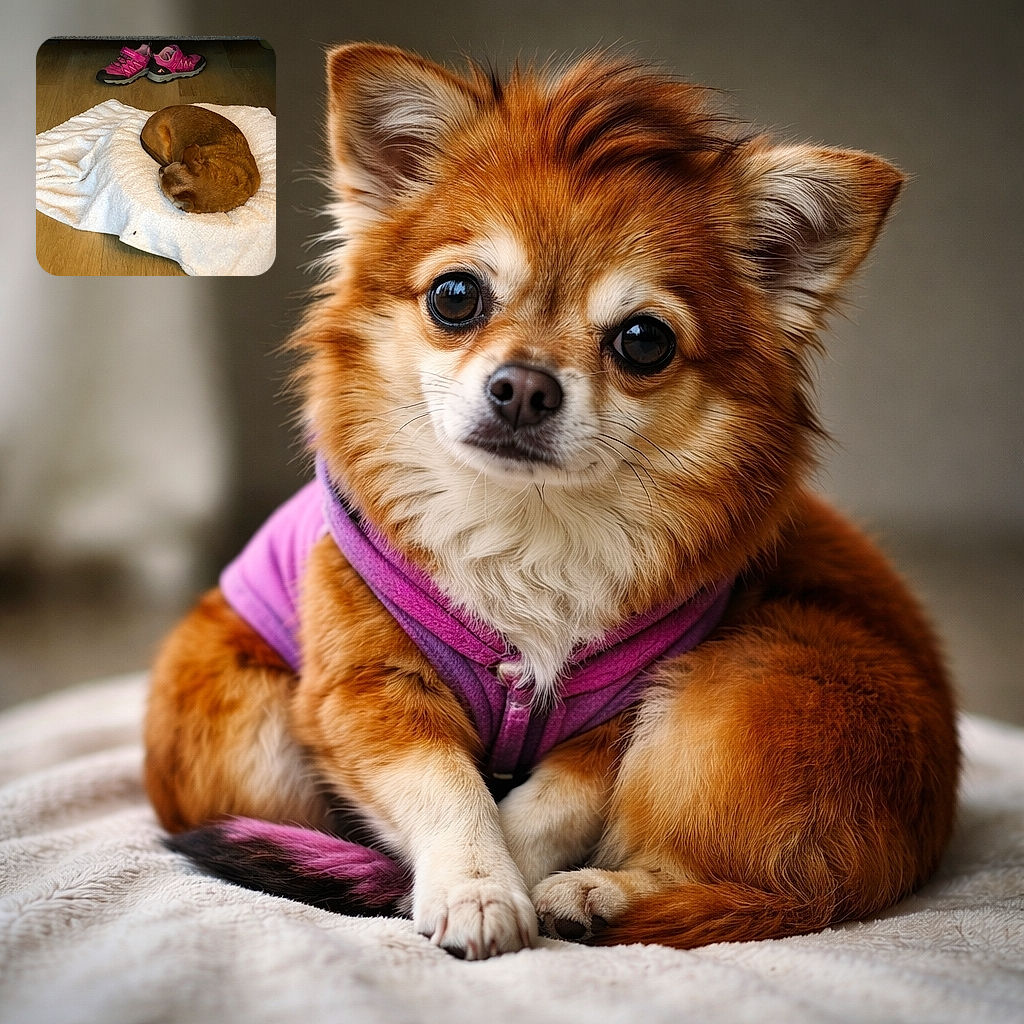 A small brown dog is tightly curled into a perfect cinnamon roll on a white towel on a wooden floor, while a pair of bright pink sneakers peek out from under a grey couch — the epitome of cozy indoor napping.