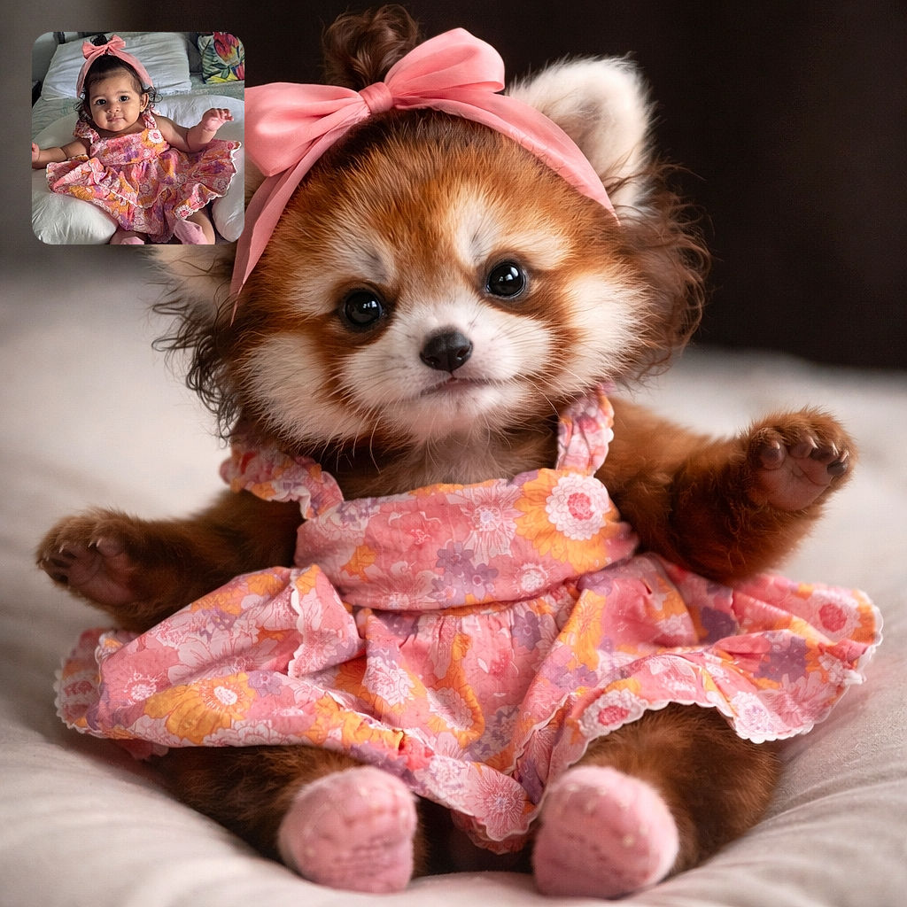 A charming baby girl with a big pink bow on her head and a colorful floral dress lounges comfortably on a white pillow in a cozy bedroom setting, looking curiously at the camera with wide eyes and a slight smile.
