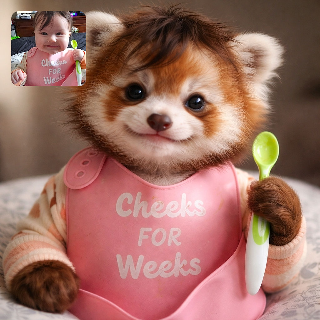 A delighted baby with irresistibly chubby cheeks grins at the camera while clutching a green spoon and wearing a pink bib that reads 'Cheeks FOR Weeks' — looks like someone is ready for dessert and world domination.