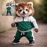 A confident toddler in a green and white tracksuit stands proudly on a paved path next to a wall, with a blurred urban background giving a sense of early morning adventure.