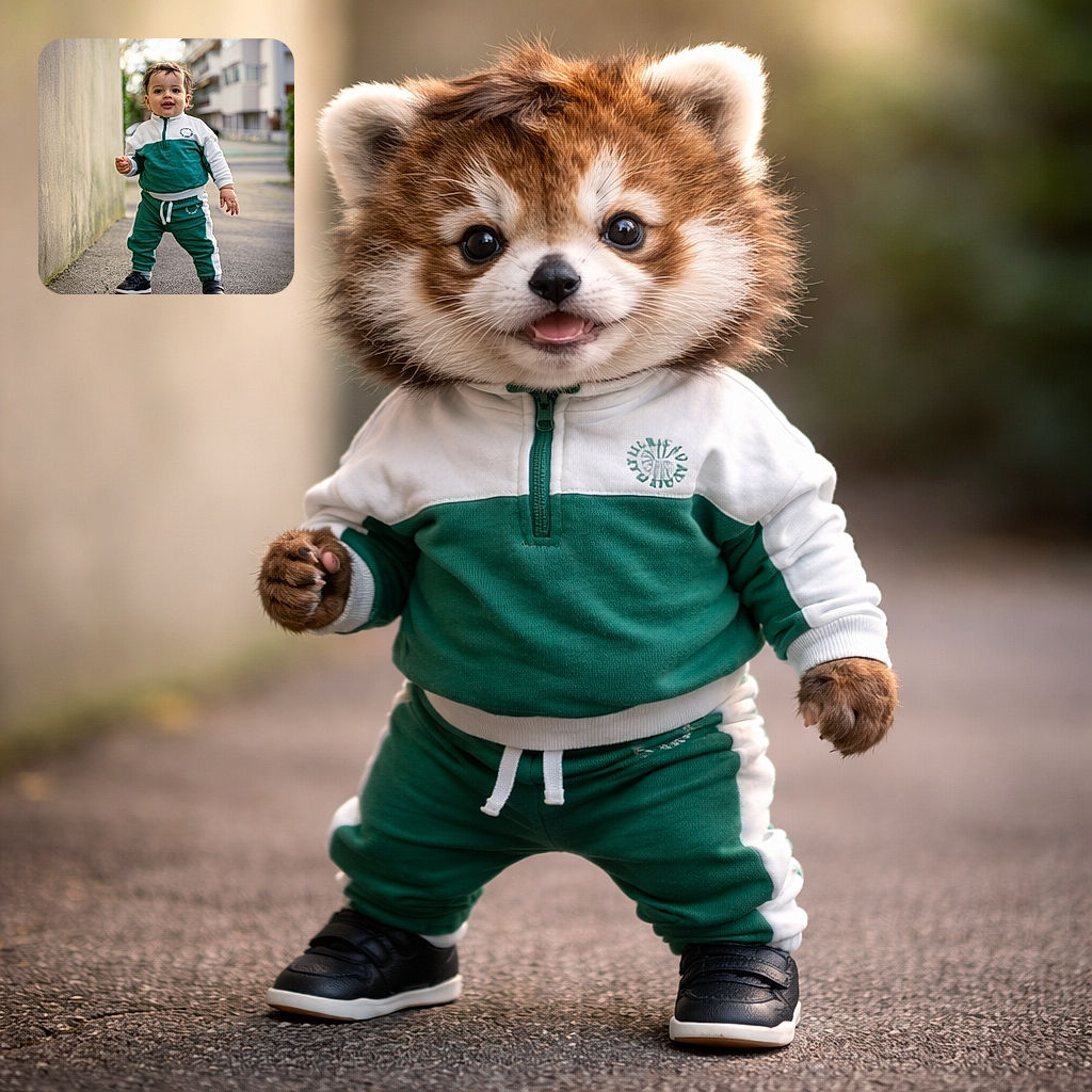 A confident toddler in a green and white tracksuit stands proudly on a paved path next to a wall, with a blurred urban background giving a sense of early morning adventure.