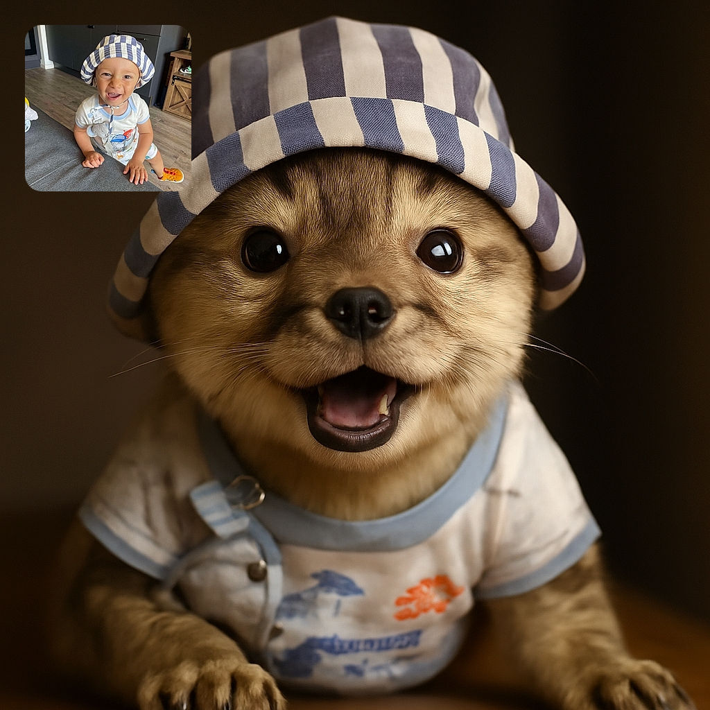 A joyful toddler wearing a striped bucket hat and colorful outfit leans eagerly over a gray couch, eyes sparkling with mischief and a wide-open smile that could melt any heart, all set in a cozy, modern kitchen.