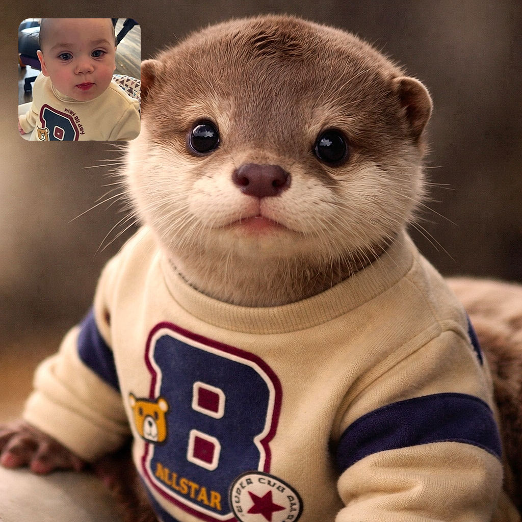 A curious baby stares into the lens with big shiny eyes and a tiny pout, wearing a cozy printed sweatshirt while perched in a high chair — the kind of face that instantly melts snack-time rules.