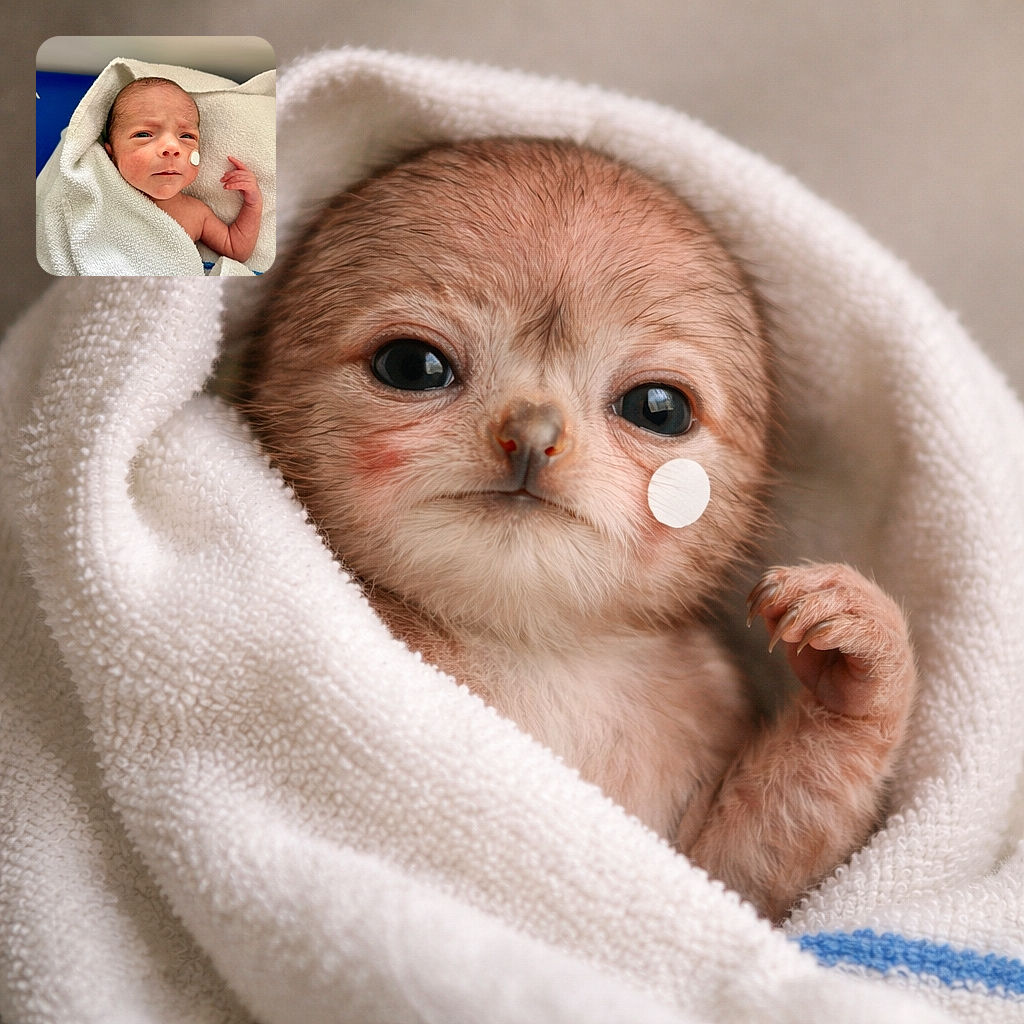 A tiny burrito baby wrapped in a towel gives the camera a skeptical, mildly suspicious stare while proudly wearing a heroic little medical sticker on the cheek — part newborn, part critic, 100% adorable.