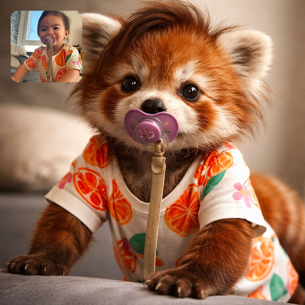 A cheerful toddler with a pacifier clipped to their colorful orange-themed shirt is leaning forward with curious hands on a surface, framed by a cozy living room setting with a soft couch and a window letting in natural light.