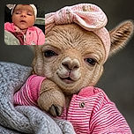 A tiny baby in a pink striped outfit and enormous bow headband gazes at the camera with the serious expression of someone already judging everyone’s snack choices. A cozy car interior and an adult’s shoulder fill the background.