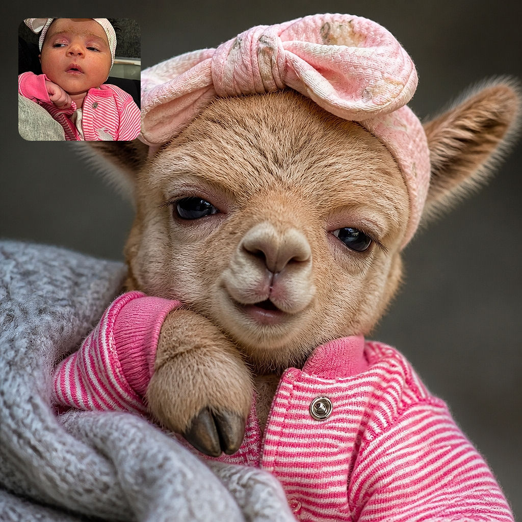 A tiny baby in a pink striped outfit and enormous bow headband gazes at the camera with the serious expression of someone already judging everyone’s snack choices. A cozy car interior and an adult’s shoulder fill the background.
