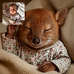 A peaceful sleeping baby bundled in a cozy floral onesie and a fluffy cream blanket, nestled comfortably on a soft surface with a gentle arm providing warmth and security.