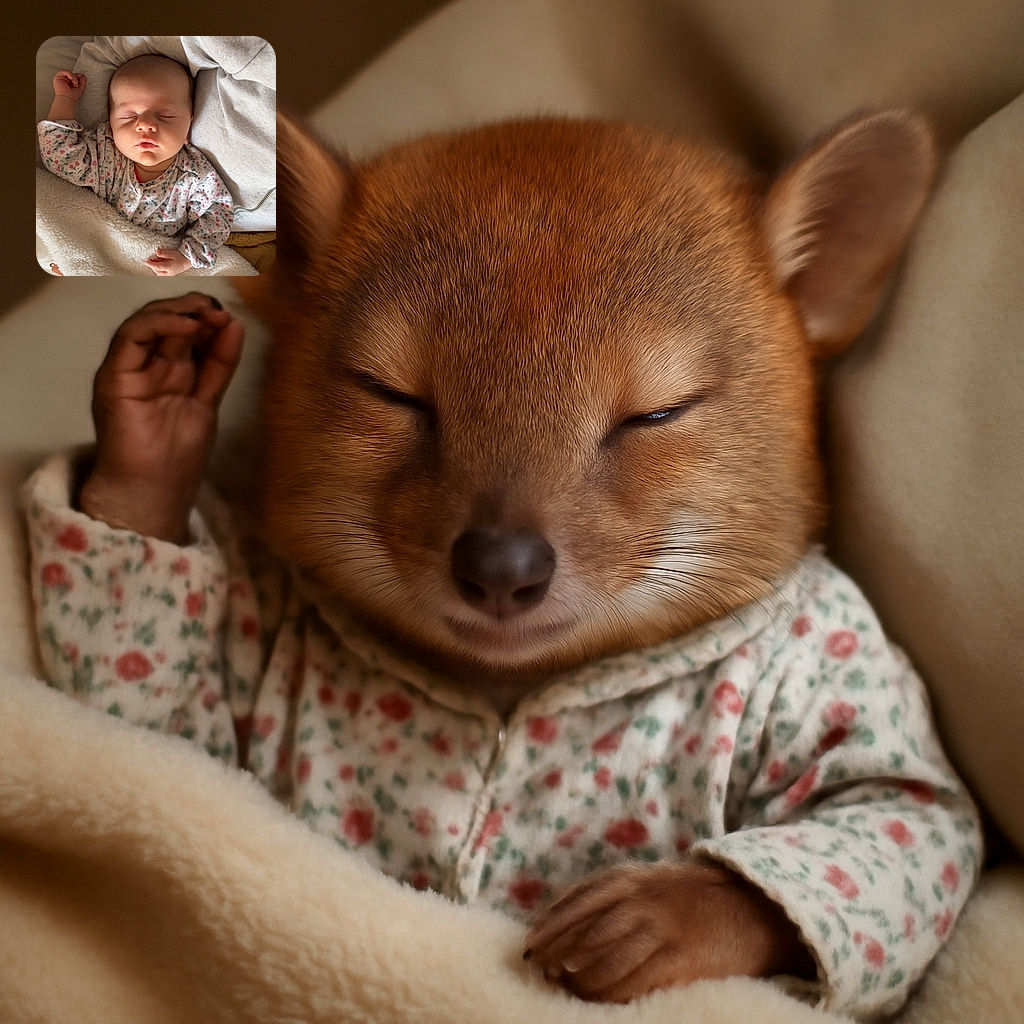 A peaceful sleeping baby bundled in a cozy floral onesie and a fluffy cream blanket, nestled comfortably on a soft surface with a gentle arm providing warmth and security.