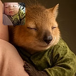 A peaceful sleeping baby snuggled up close, with soft lighting and a cozy outfit making the scene feel warm and tender.