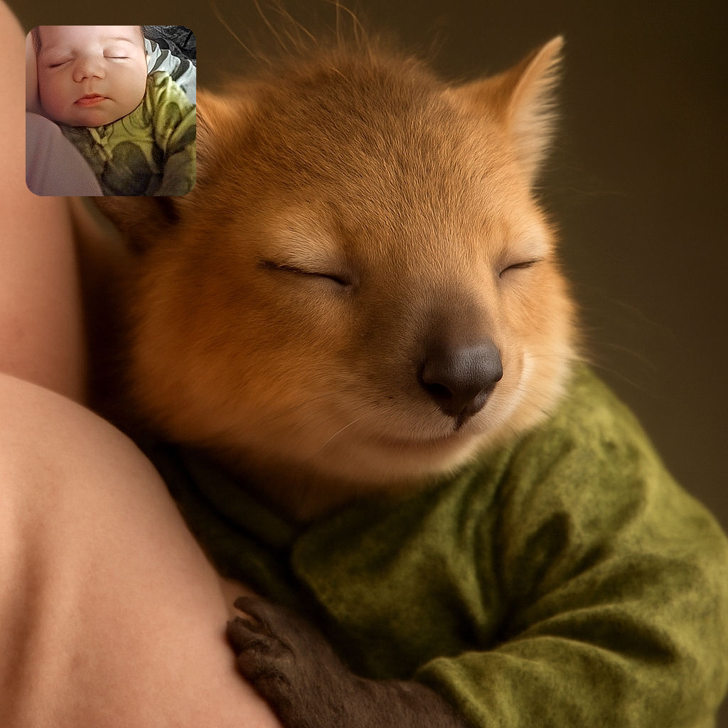 A peaceful sleeping baby snuggled up close, with soft lighting and a cozy outfit making the scene feel warm and tender.