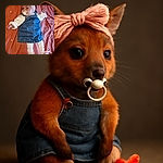 A tiny baby dressed in a denim dress and white leggings with pink bows lies on a polka-dotted coral sheet, sporting a big pink headband and a pacifier, looking curiously at the camera like a little fashion icon.