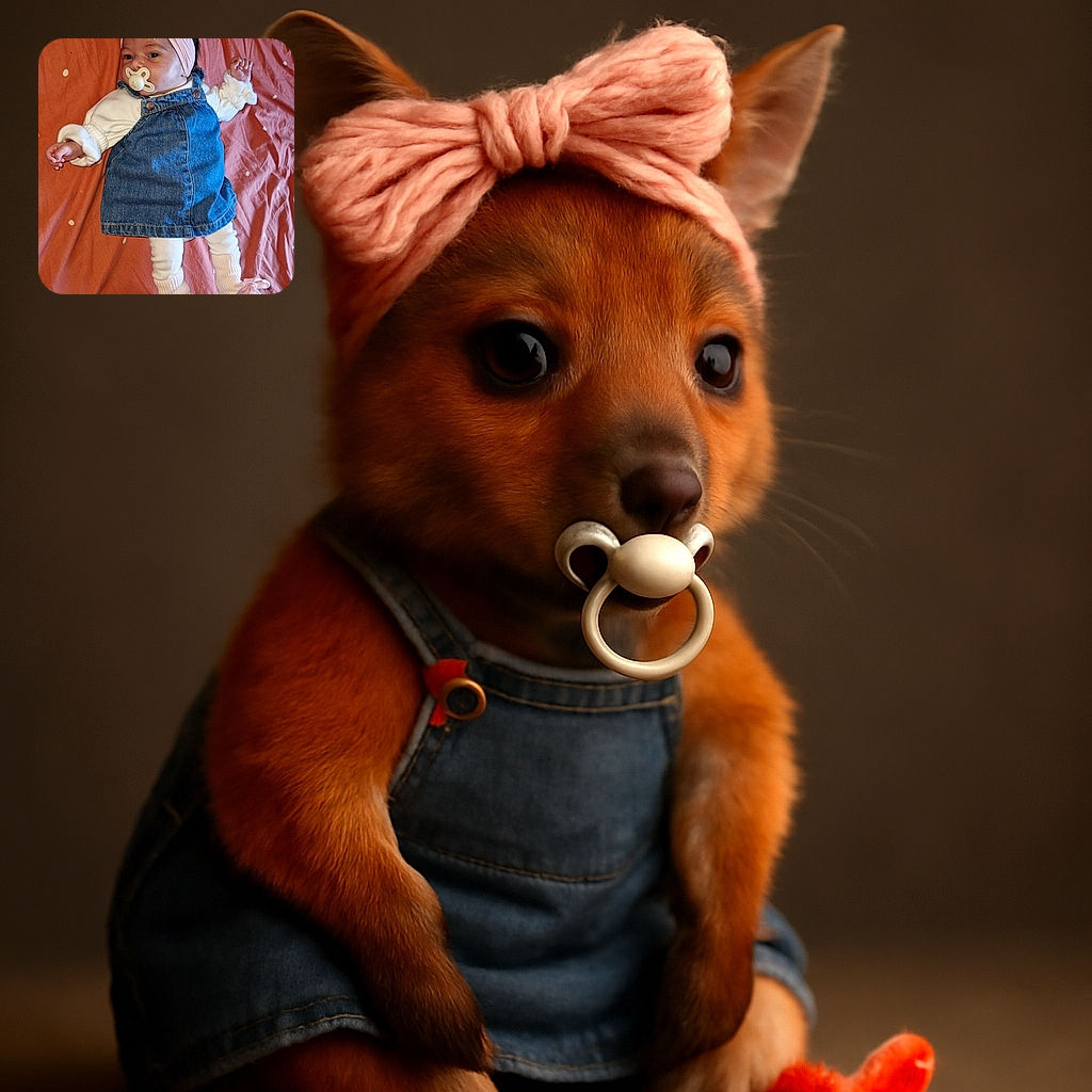 A tiny baby dressed in a denim dress and white leggings with pink bows lies on a polka-dotted coral sheet, sporting a big pink headband and a pacifier, looking curiously at the camera like a little fashion icon.