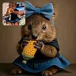 A cute baby wearing a big blue bow headband is sitting on a cozy blanket, chewing on a yellow knitted toy with intense concentration. The background shows a softly blurred room with a TV screen and some household items.