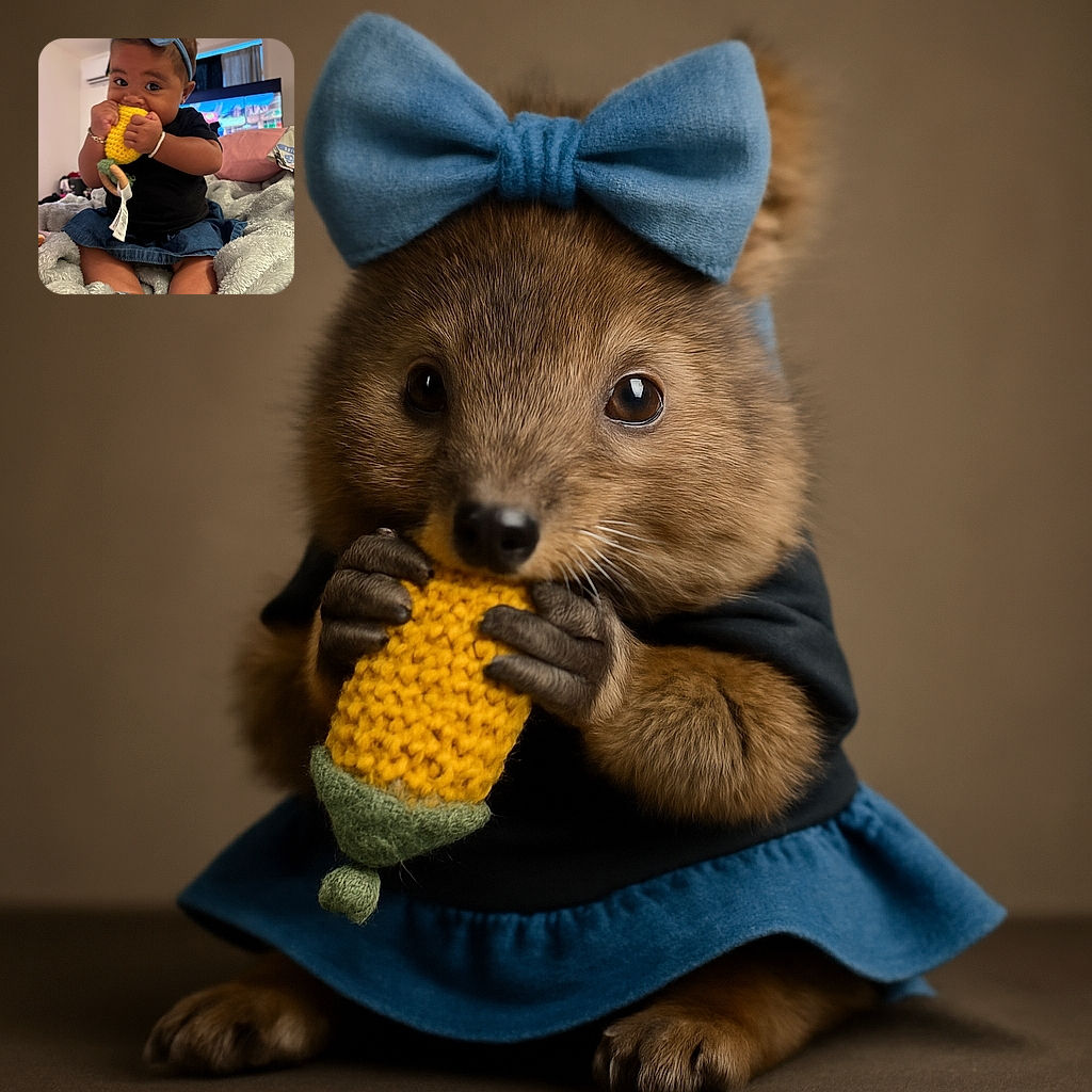 A cute baby wearing a big blue bow headband is sitting on a cozy blanket, chewing on a yellow knitted toy with intense concentration. The background shows a softly blurred room with a TV screen and some household items.