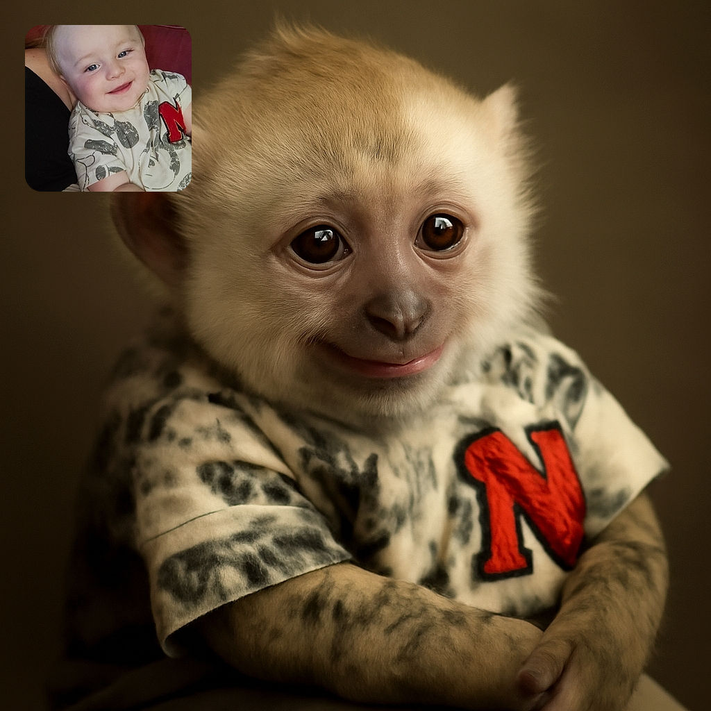 A smiling toddler with bright blue eyes lounges comfortably, wearing a playful shirt with a big red 'N' patch, nestled against a cozy reddish couch. The warmth of the moment shines through despite the casual snap.