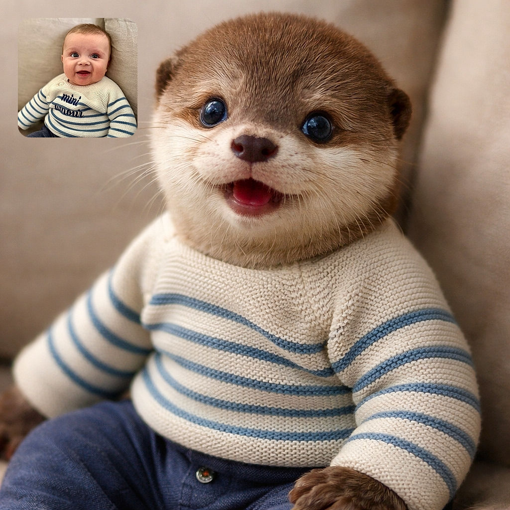 A delighted baby grinning like they just told the best joke, tucked into a cream couch and wearing a striped knit sweater — eyes wide, cheeks squishy, and pure cozy charm.