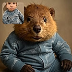 A wide-eyed toddler in a cozy blue outfit sits on a beige chair, looking curiously at the camera with a little drool on their chin, capturing a candid moment of innocence and wonder indoors.