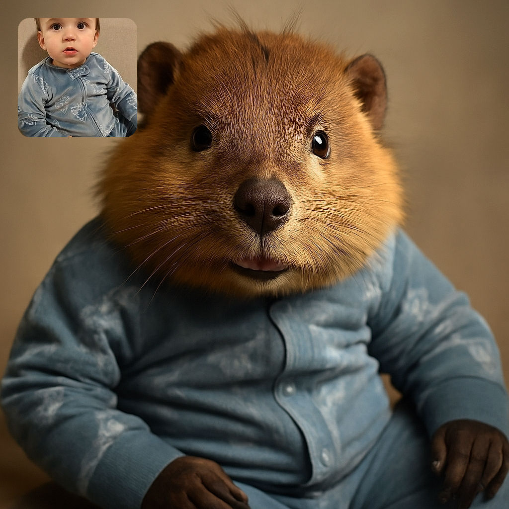 A wide-eyed toddler in a cozy blue outfit sits on a beige chair, looking curiously at the camera with a little drool on their chin, capturing a candid moment of innocence and wonder indoors.