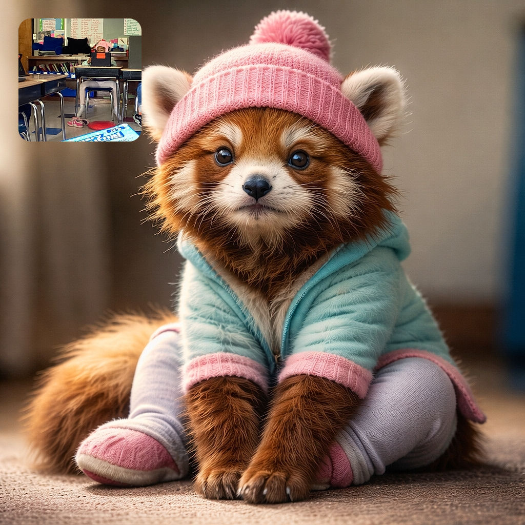 A classroom scene with a young child wearing a pink animal hat, sitting at a desk focused on a tablet. The child appears to be engaged in a lesson or activity, surrounded by typical classroom furniture and educational materials.