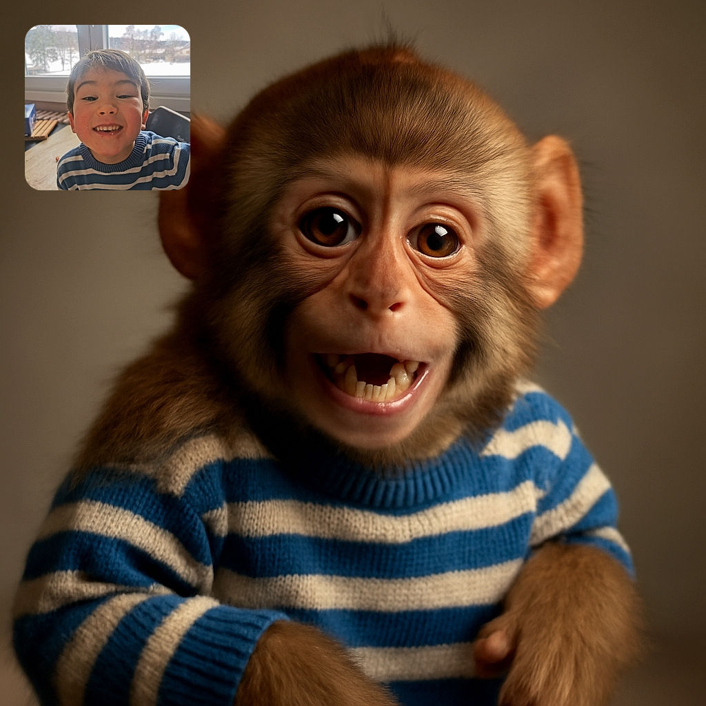 A cheerful young boy with a striped sweater smiles widely at the camera, his face filling most of the frame. Behind him, a window reveals a snowy landscape, adding a cozy winter vibe to the indoor scene.