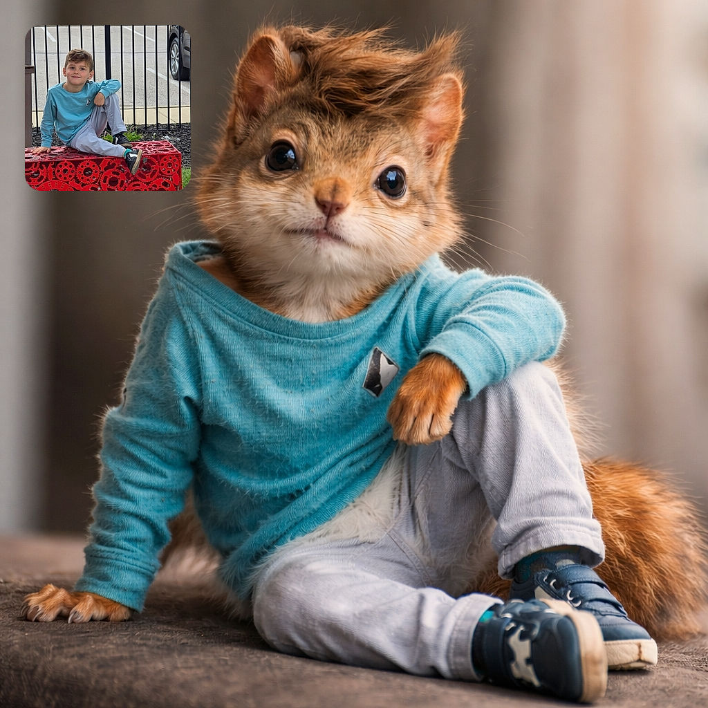 A cheerful young boy in a light blue shirt and gray pants lounges casually on a bright red bench adorned with gear-shaped cutouts, with a black metal fence and parked car in the background, capturing a candid moment of relaxed innocence.