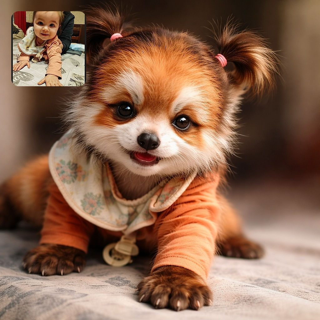 A curious baby reaches straight for the camera with a gummy grin and wide, twinkling eyes while a grown-up playfully peeks from behind — bib, pacifier and an adventurous hand claim the table as territory. The whole scene reads like 'mission: cuddle and conquer.'