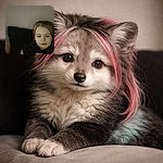 A dimly lit photo of a young child with faint pink streaks in her hair sitting on a dark couch, looking down with a calm expression, while another person is partially visible on the left side.