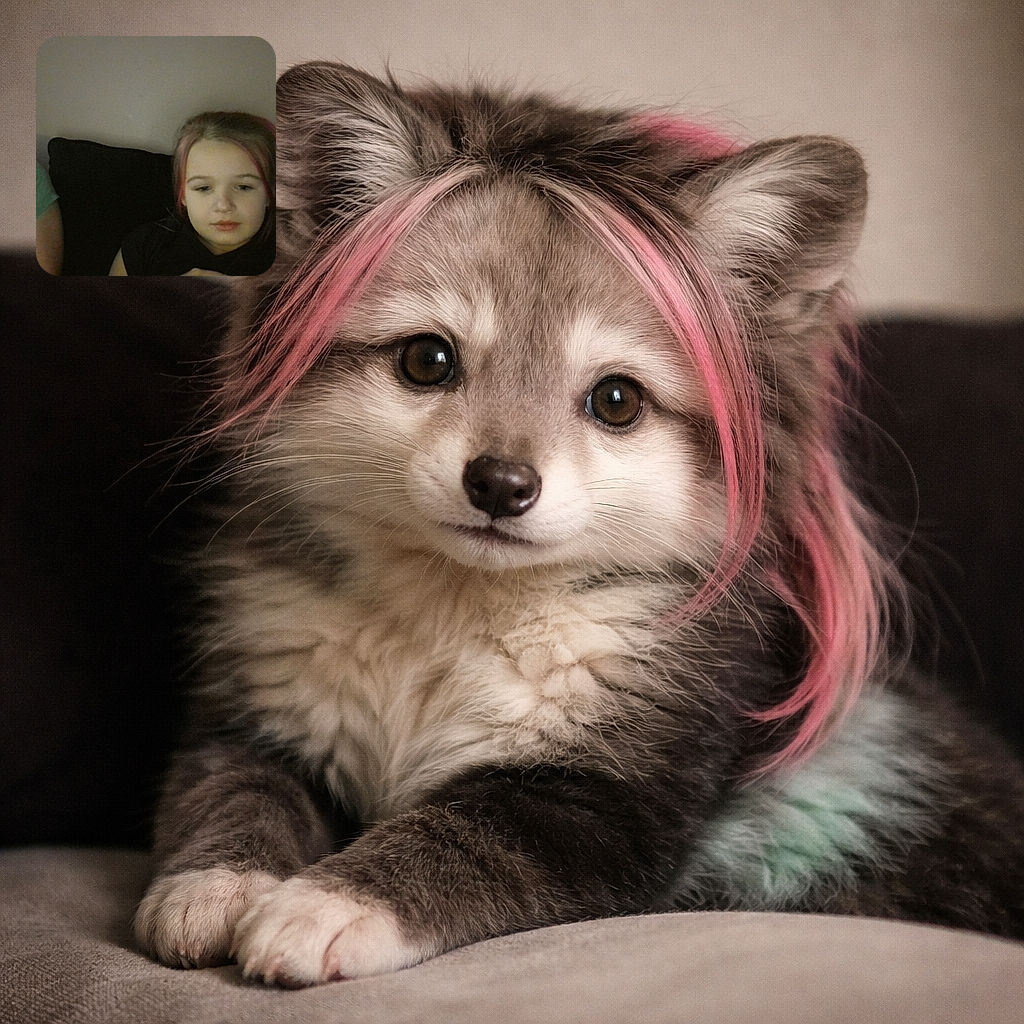 A dimly lit photo of a young child with faint pink streaks in her hair sitting on a dark couch, looking down with a calm expression, while another person is partially visible on the left side.