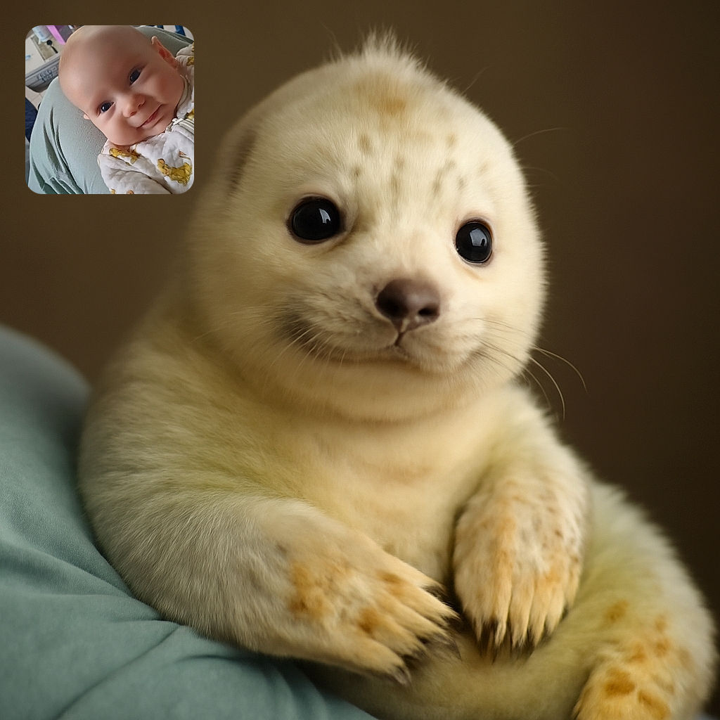 A cute baby with a mischievous smile is snuggled comfortably, wearing a cozy outfit decorated with playful yellow lion cubs. The background shows a casual indoor setting with some household items, and the photo has a watermark text 'Galaxy A34 5G' in the corner.