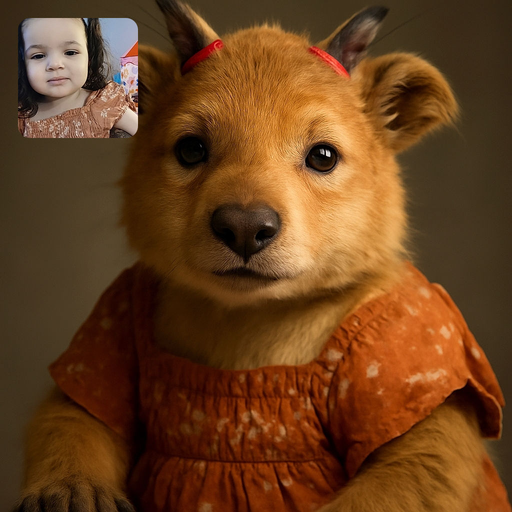 A close-up portrait of an adorable toddler with dark hair tied in pigtails with pink bands, wearing a peach-colored floral dress. The background shows a colorful play tent, adding a playful vibe to the cozy indoor setting.