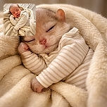 A peaceful newborn baby wrapped snugly in a soft beige blanket, sleeping soundly with a striped onesie. The cozy textures and warm tones create a heartwarming scene of pure innocence and comfort.