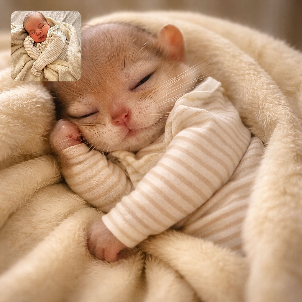 A peaceful newborn baby wrapped snugly in a soft beige blanket, sleeping soundly with a striped onesie. The cozy textures and warm tones create a heartwarming scene of pure innocence and comfort.