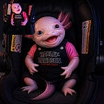 A delighted baby lounges in a car seat like a tiny rock star, flashing a gummy grin while wearing a Harley-Davidson outfit. Colorful lighting gives the scene a playful concert vibe, and the safety labels provide an unintentionally serious backstage warning.