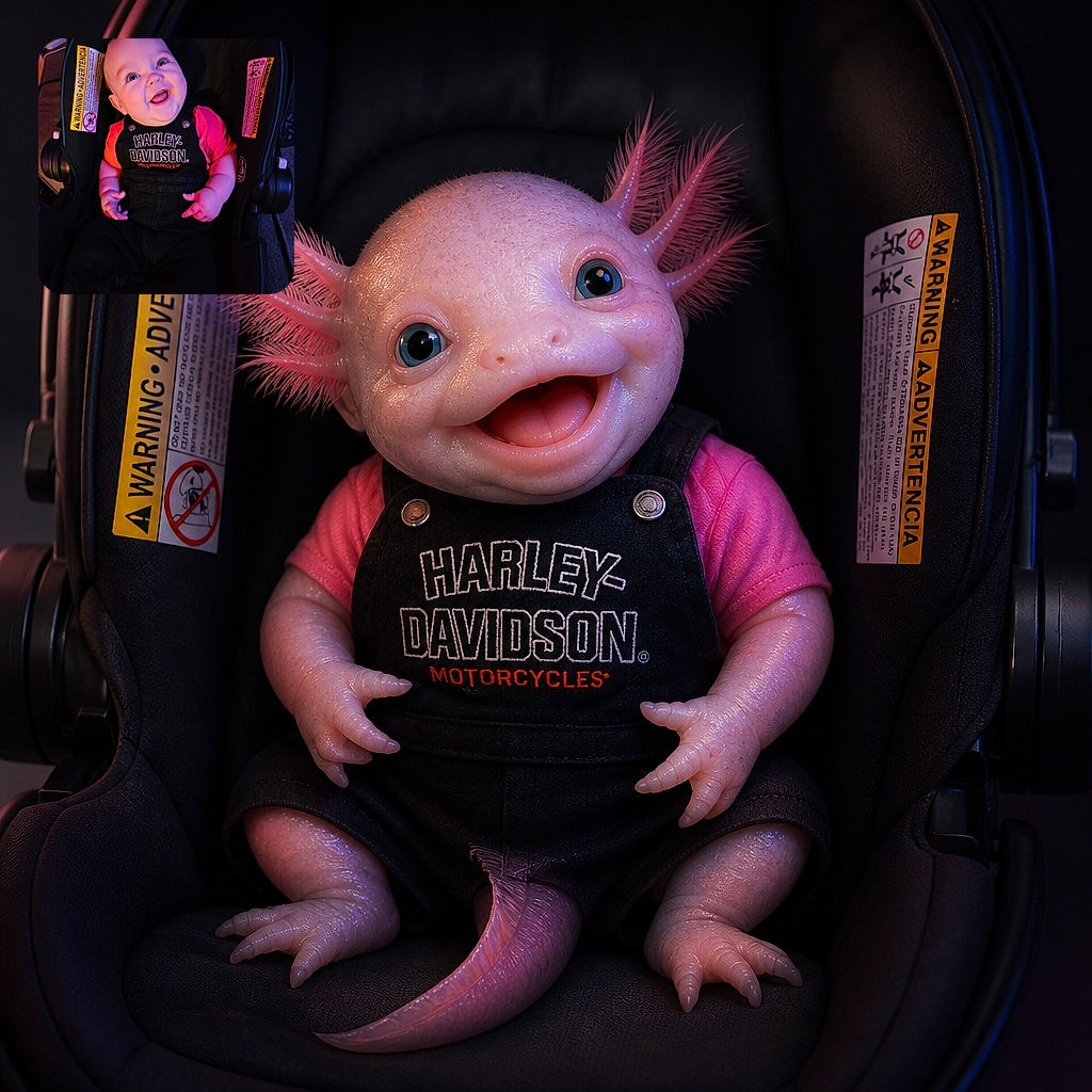 A delighted baby lounges in a car seat like a tiny rock star, flashing a gummy grin while wearing a Harley-Davidson outfit. Colorful lighting gives the scene a playful concert vibe, and the safety labels provide an unintentionally serious backstage warning.