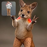 A cheerful young girl standing on a pavement, wearing a fluffy white jacket and mustard leggings with polka dots, flashing a playful peace sign with both hands and smiling warmly at the camera.