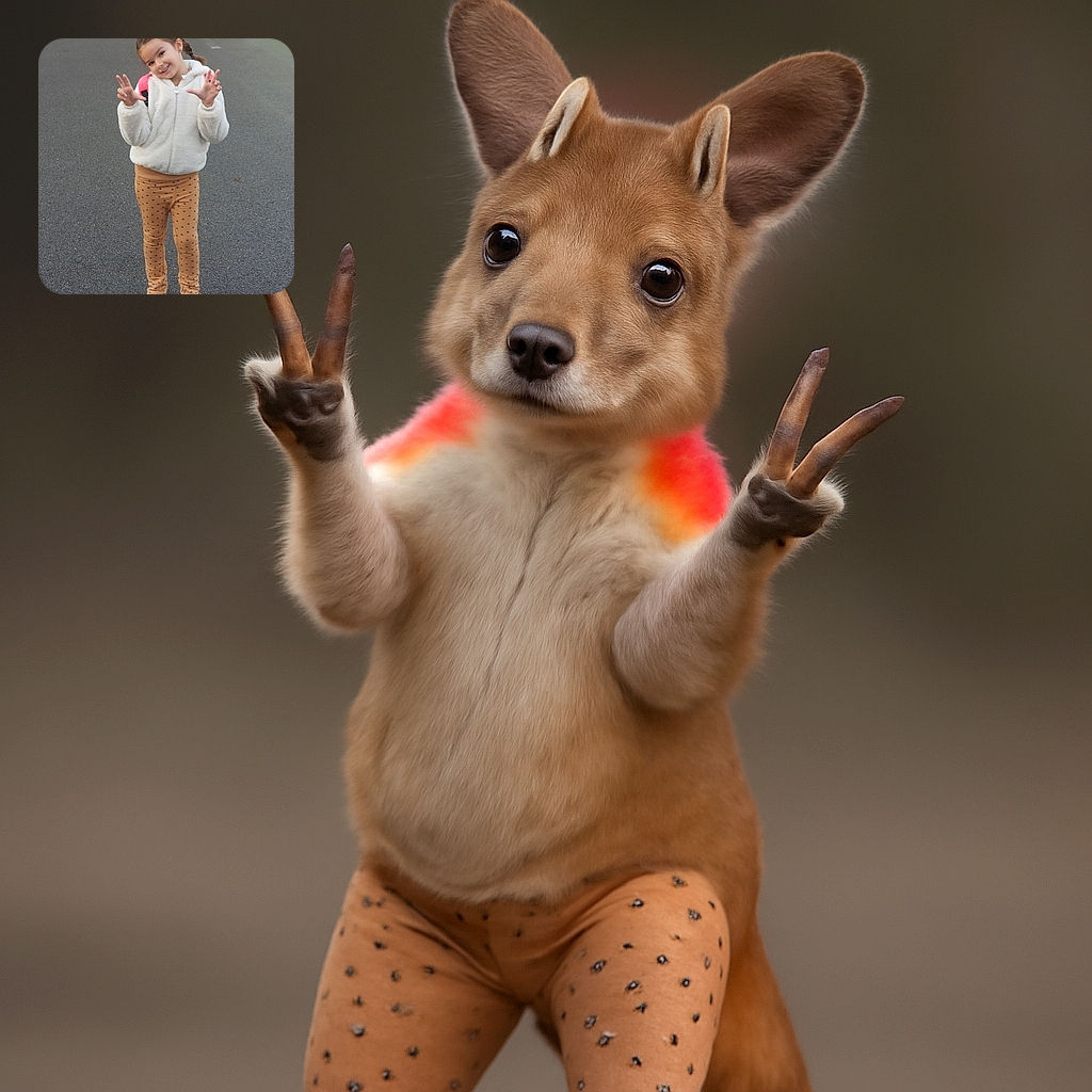 A cheerful young girl standing on a pavement, wearing a fluffy white jacket and mustard leggings with polka dots, flashing a playful peace sign with both hands and smiling warmly at the camera.
