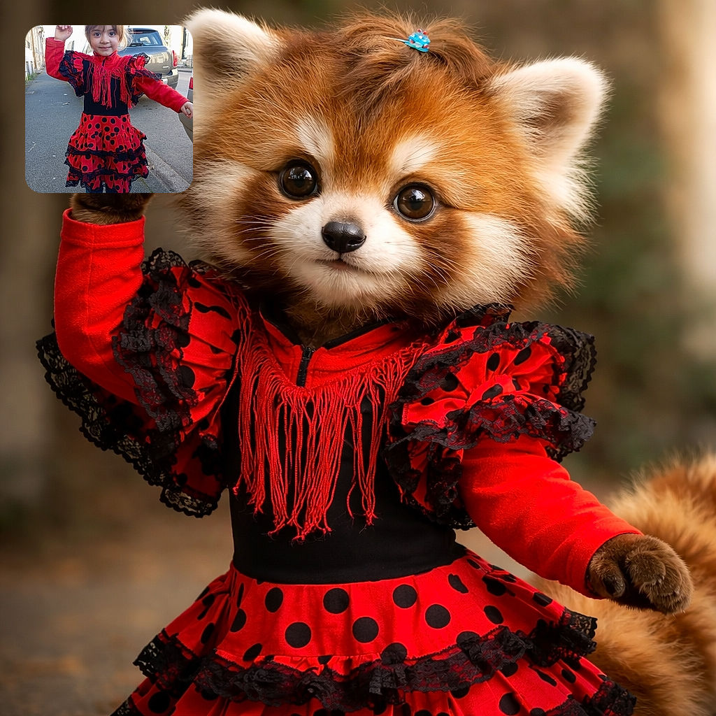 A tiny flamenco star in a ruffled red-and-black polka-dot dress confidently poses in the street like she owns the sidewalk — hairclip in place, mischievous smile, and one arm raised as if conducting a parade of parked cars.