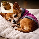 A tiny brown dog rolled into a perfect cinnamon bun, snoozing on a fluffy white towel while a pair of pink running shoes lurk at the edge of frame — peak cozy nap energy.