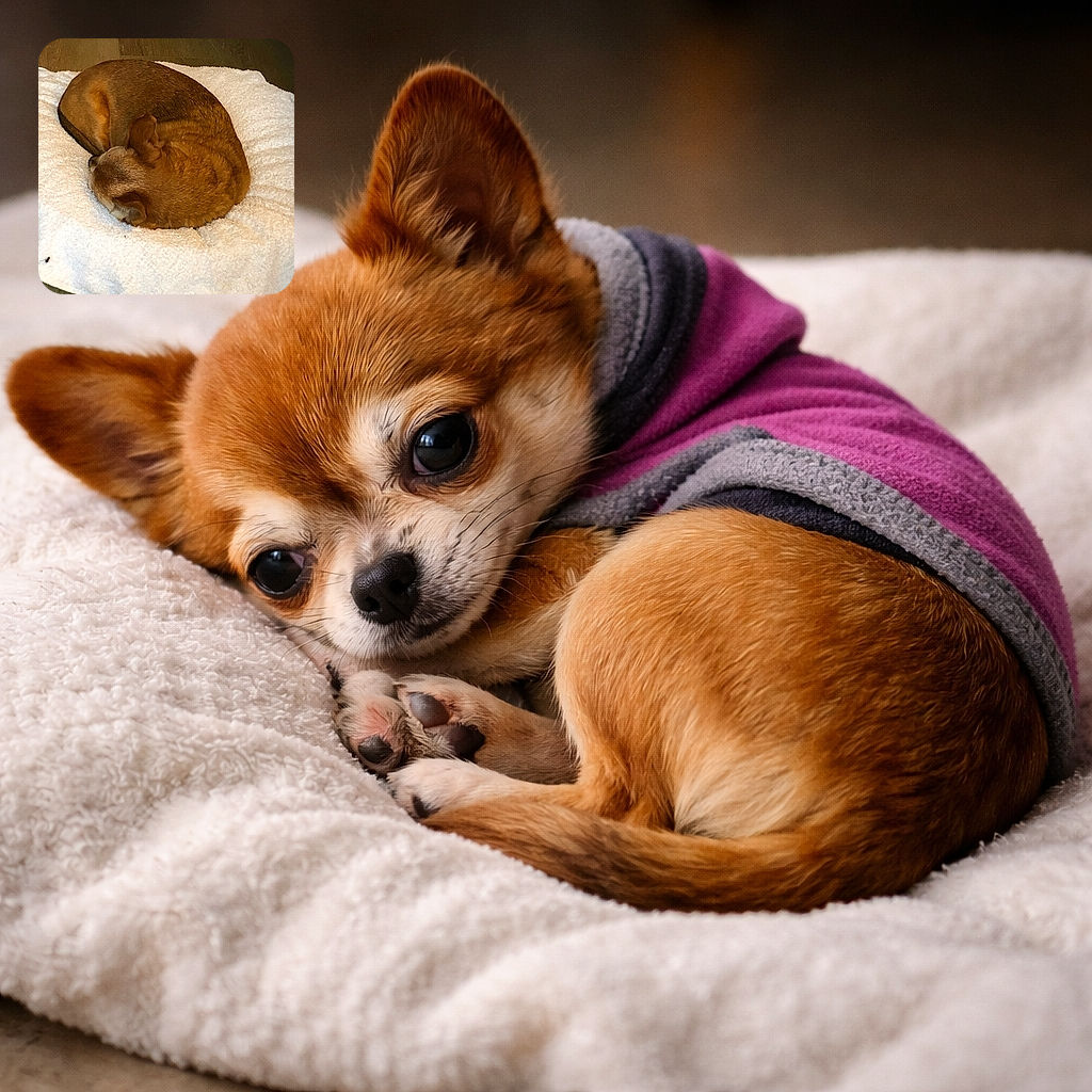 A tiny brown dog rolled into a perfect cinnamon bun, snoozing on a fluffy white towel while a pair of pink running shoes lurk at the edge of frame — peak cozy nap energy.