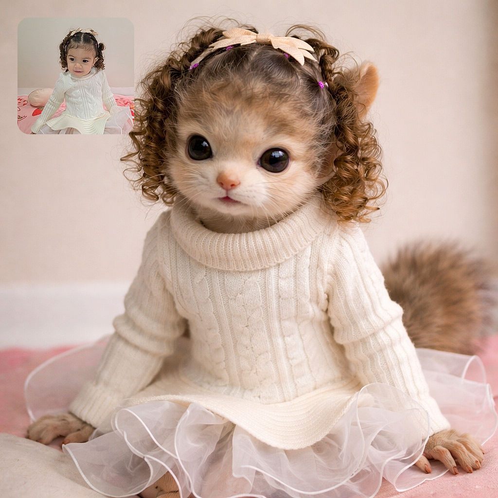 A curly-haired toddler in a white cable-knit sweater and fluffy tulle skirt sits on a strawberry-print blanket, flashing a mischievous little smile as if she's just negotiated extra snacks. Soft pastel wall, a plush pillow nearby, tiny bows in her ringlets and a pose that screams 'mini model in training.'
