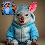 A cheerful baby dressed in a fluffy blue costume with pink ears is sitting outdoors on a trampoline, smiling widely with bright eyes under the evening sky and bare trees.