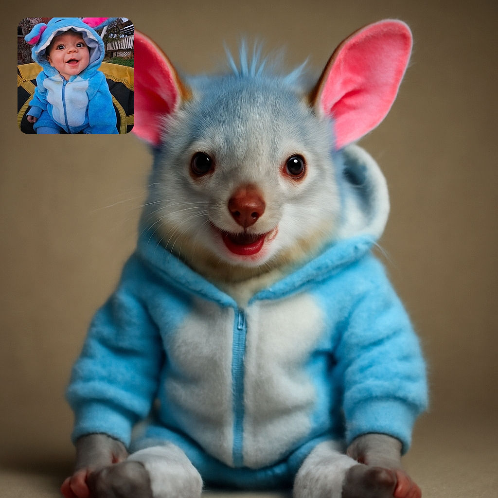 A cheerful baby dressed in a fluffy blue costume with pink ears is sitting outdoors on a trampoline, smiling widely with bright eyes under the evening sky and bare trees.
