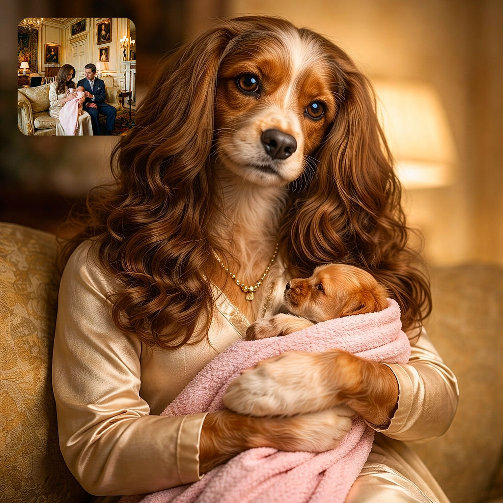 A cozy and elegant family portrait in a luxurious, vintage room with golden tones. A woman in a satin dress lovingly holds a swaddled baby with a stuffed bunny, while a man in a suit gazes affectionately at the infant. The warm fireplace and classic paintings add to the regal and intimate atmosphere.