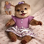 A smiling baby dressed in a purple top with ruffled sleeves and a floral skirt lies on a soft, flower-patterned blanket, reaching out with tiny hands as if ready to grab the world.