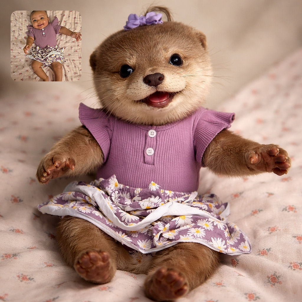 A smiling baby dressed in a purple top with ruffled sleeves and a floral skirt lies on a soft, flower-patterned blanket, reaching out with tiny hands as if ready to grab the world.