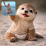 A cheerful baby sitting on the sandy beach waving a sandy hand high with a big smile, the calm ocean and soft blue sky in the background creating a peaceful seaside moment.