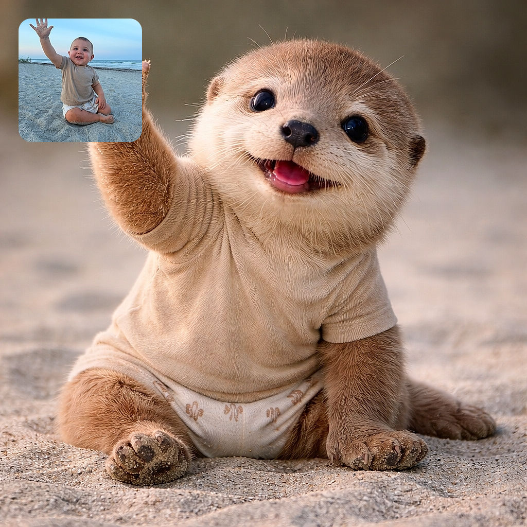 A cheerful baby sitting on the sandy beach waving a sandy hand high with a big smile, the calm ocean and soft blue sky in the background creating a peaceful seaside moment.