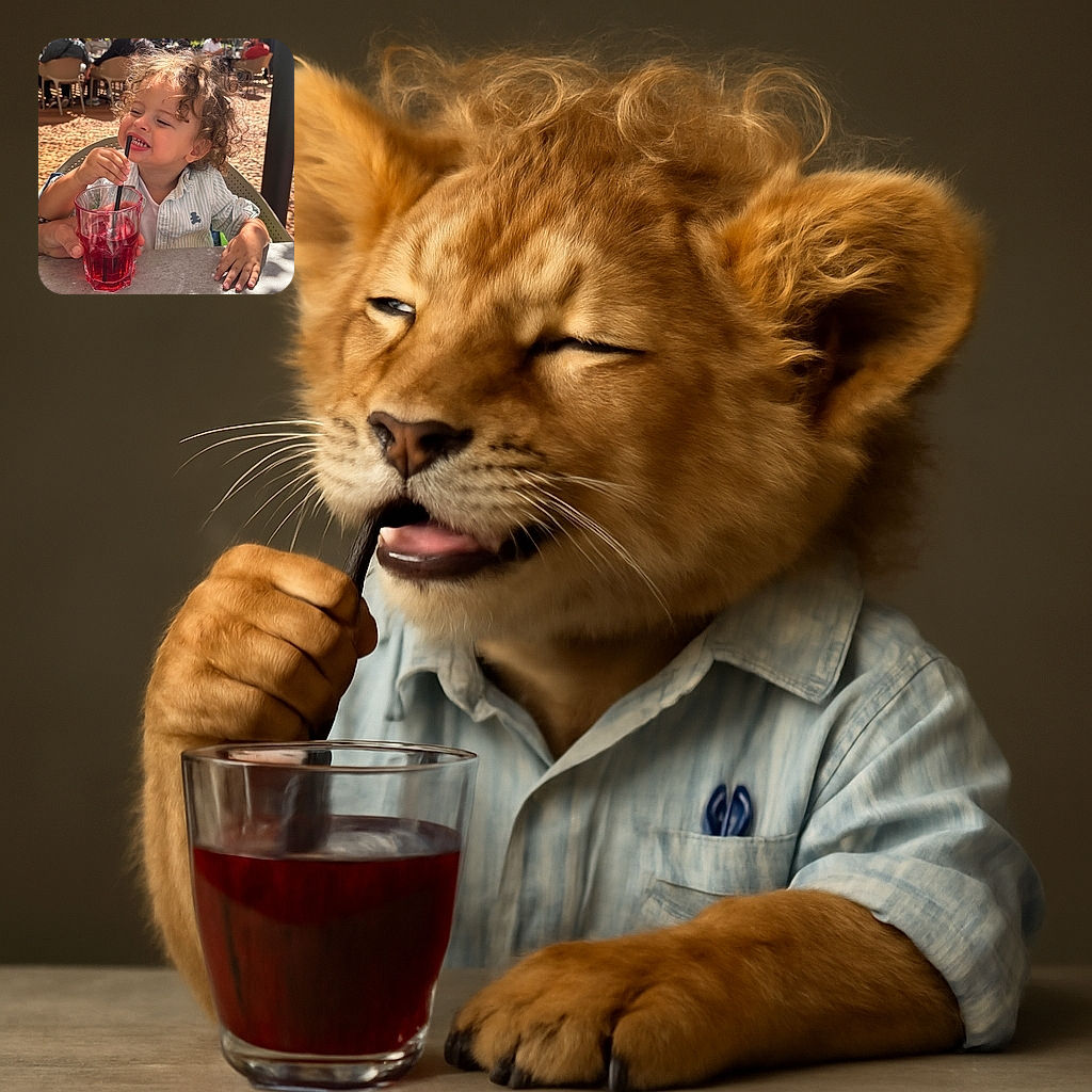A curly-haired toddler with a mischievous grin is attempting to sip a bright red drink through a black straw, while an adult hand steadies the glass. The outdoor cafe setting is sunny with people blurred in the background, creating a warm and lively atmosphere.